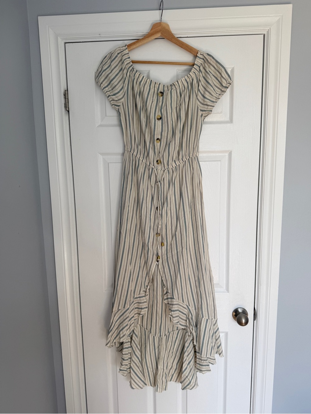 Streetwear Society Cream and Blue Striped High-Low Button Dress